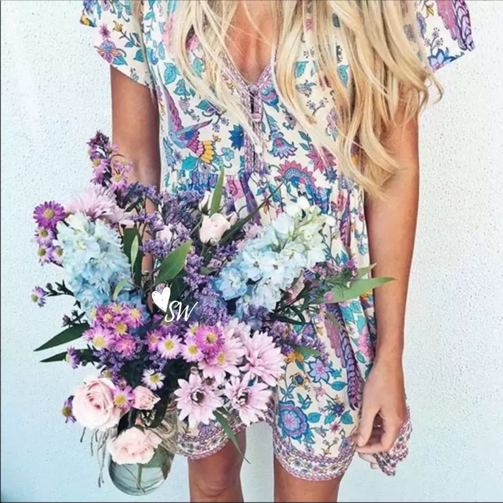 Colorful Bird Boho Floral Gypsy Print Dress - Picture 2 of 10